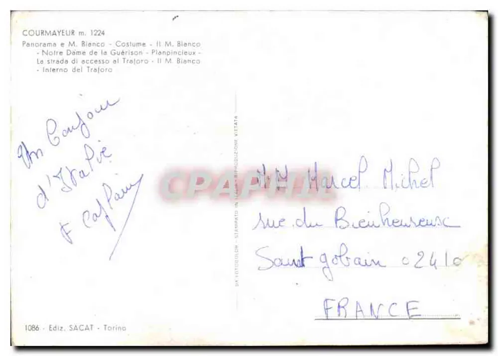 Courmayeur — panorama, traje local, glaciar, túnel — Ediz. SACAT, n° 1086 - Verso