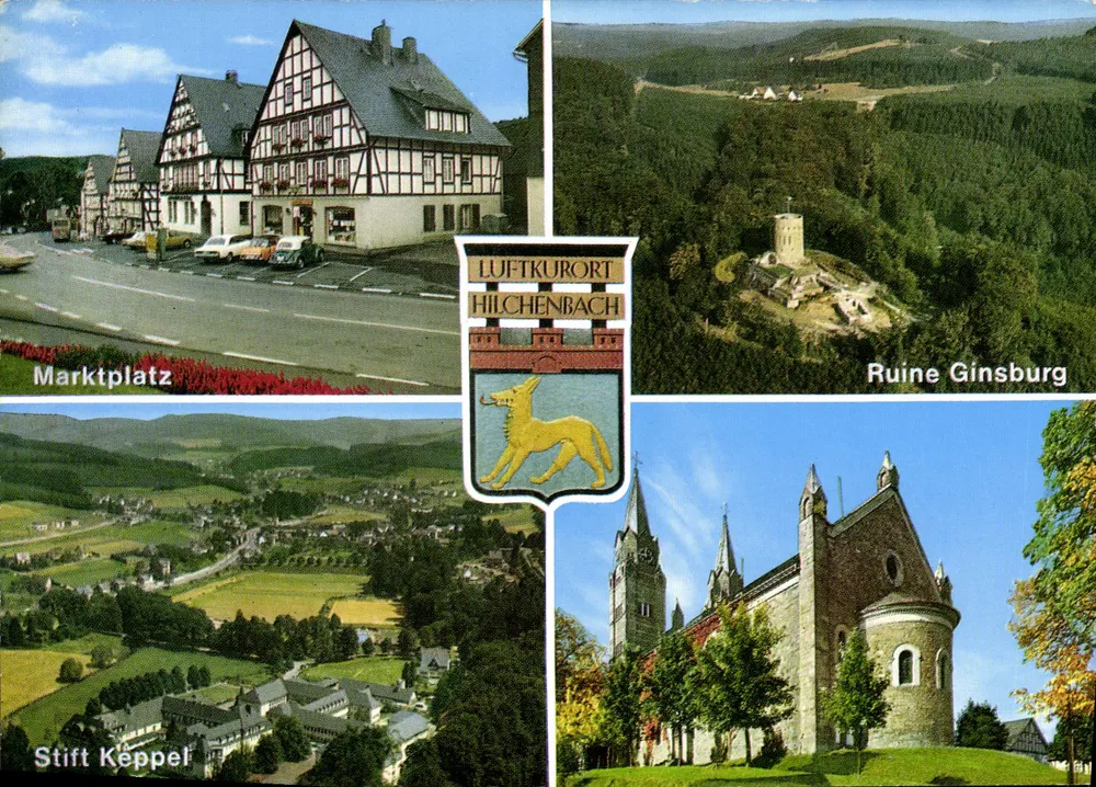 Hilchenbach — Hilchenbach, ein Luftkurort — Ruine Ginsburg, Stift Keppel, Marktplatz — Verlag Schöning & Co - Vorderseite