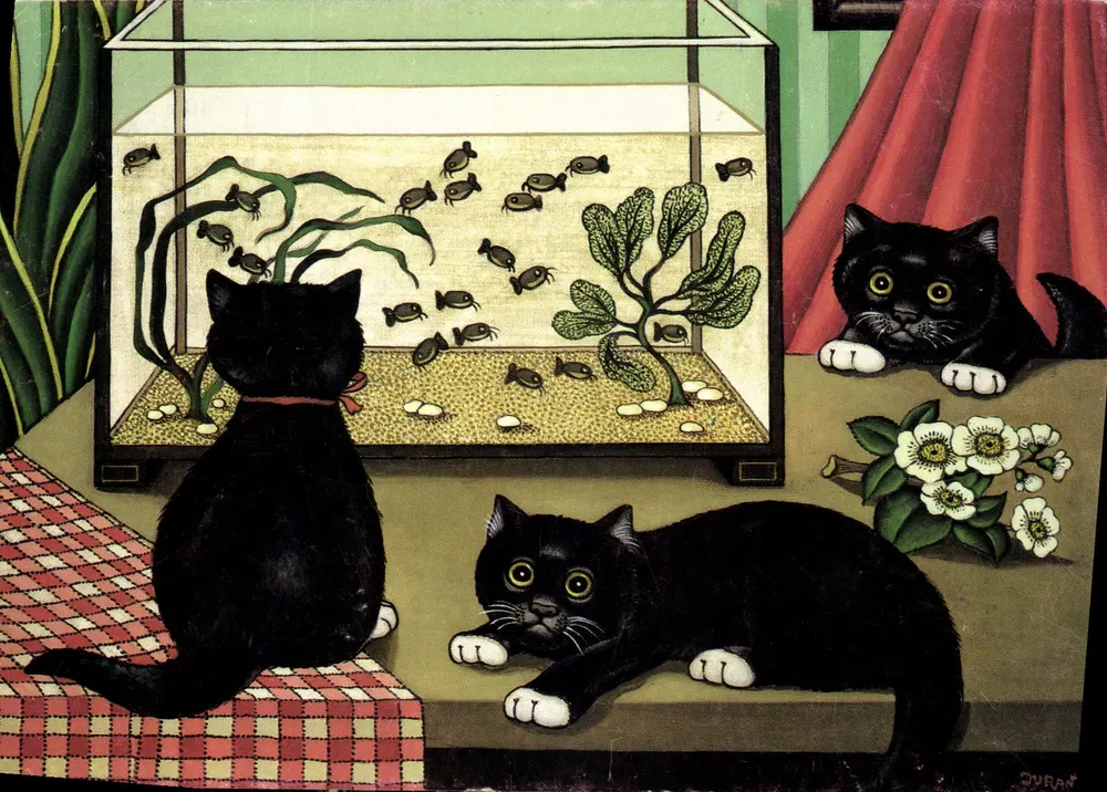 3 Katzen am Aquarium — André Duranton — Galerie Naïv'Art - Vorderseite