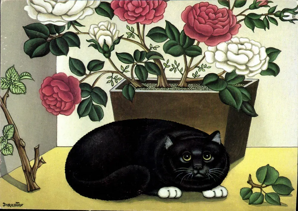 Schwarzer und weißer Kater mit roten und weißen Rosen — André Duranton — Galerie Naïv'Art - Vorderseite