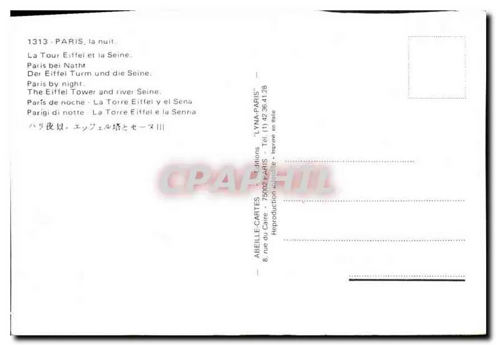 París - La Torre Eiffel y la Sena - noche — Ediciones ABELLE-CARTES, n°1313 - Reverso
