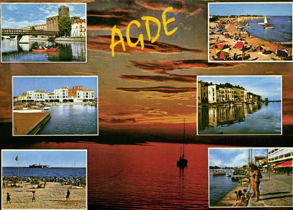 Agde — Panoramablick mit Strand, Hafen und Architektur — Gesellschaft französischer Verlage - Vorderseite