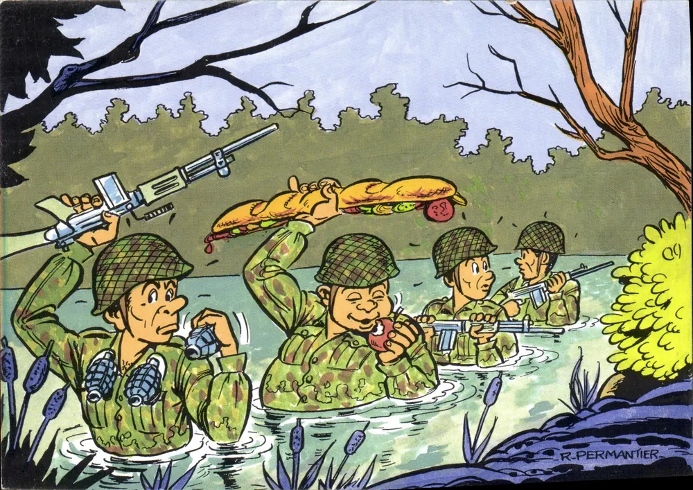 Soldados na floresta — caricatura militar — R. Permantier, n°9 - Frente