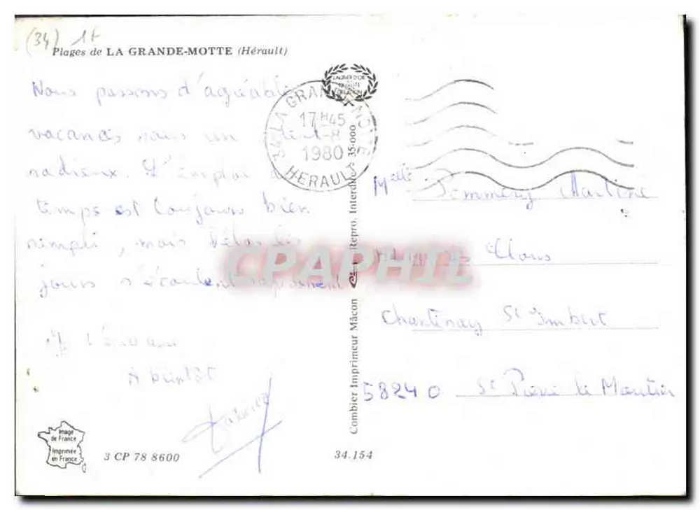 Praias da Grande Motte — Editor: Combiet Imprimeur Mâcon, n° 34.154 - Verso