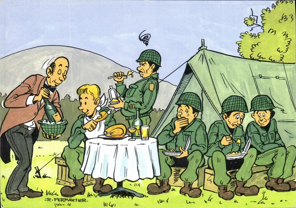 Soldados em acampamento — almoço com um homem em traje — desenho de R. Pérmantier - Frente