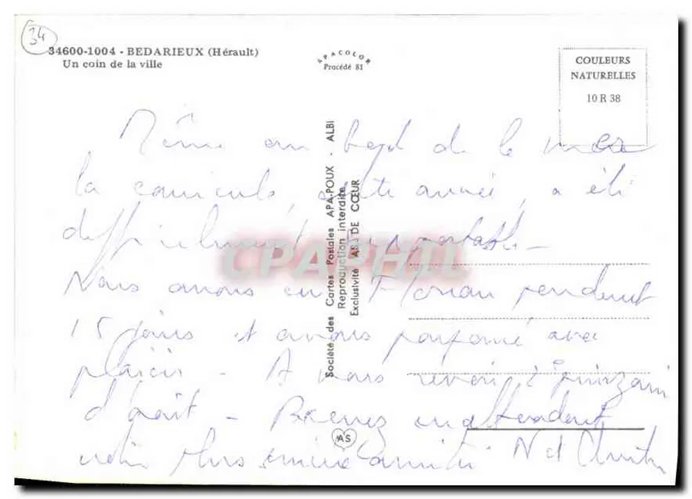 Bedarieux (Hérault) — Ein Stück der Stadt — Gesellschaft der Briefkartenverleger APA-POUX - ALBI - Rückseite