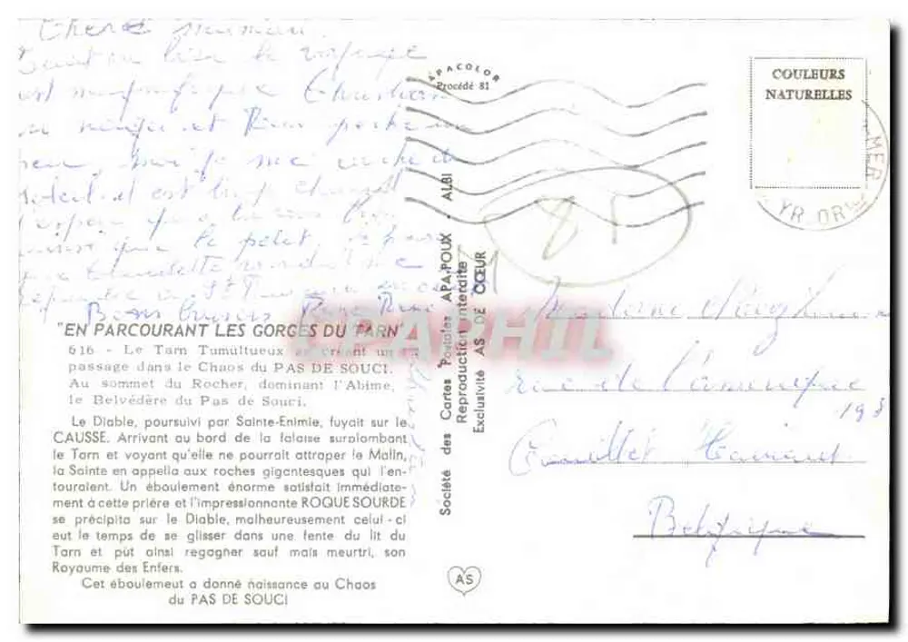 Gorges do Tarn — Pas de Souci — Sociedade das Cartas Postais APA-POUX - Verso