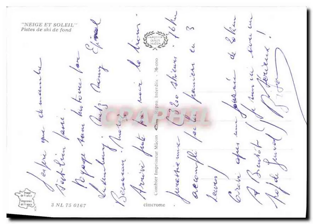 Langlauf — Langlauf-Pisten — Verleger Cimy, Nr. 3 NL 75 0167 - Rückseite
