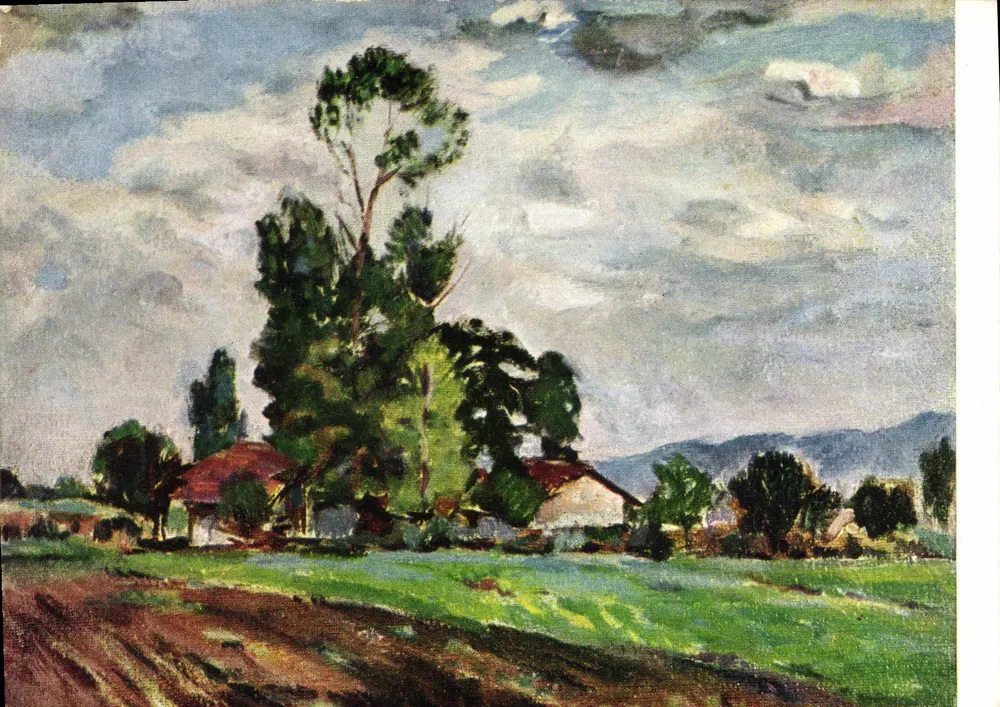 Paisagem — vista de aldeia com pinheiro dominante — editor S. Gloginkov, série 'Paisagens' - Frente