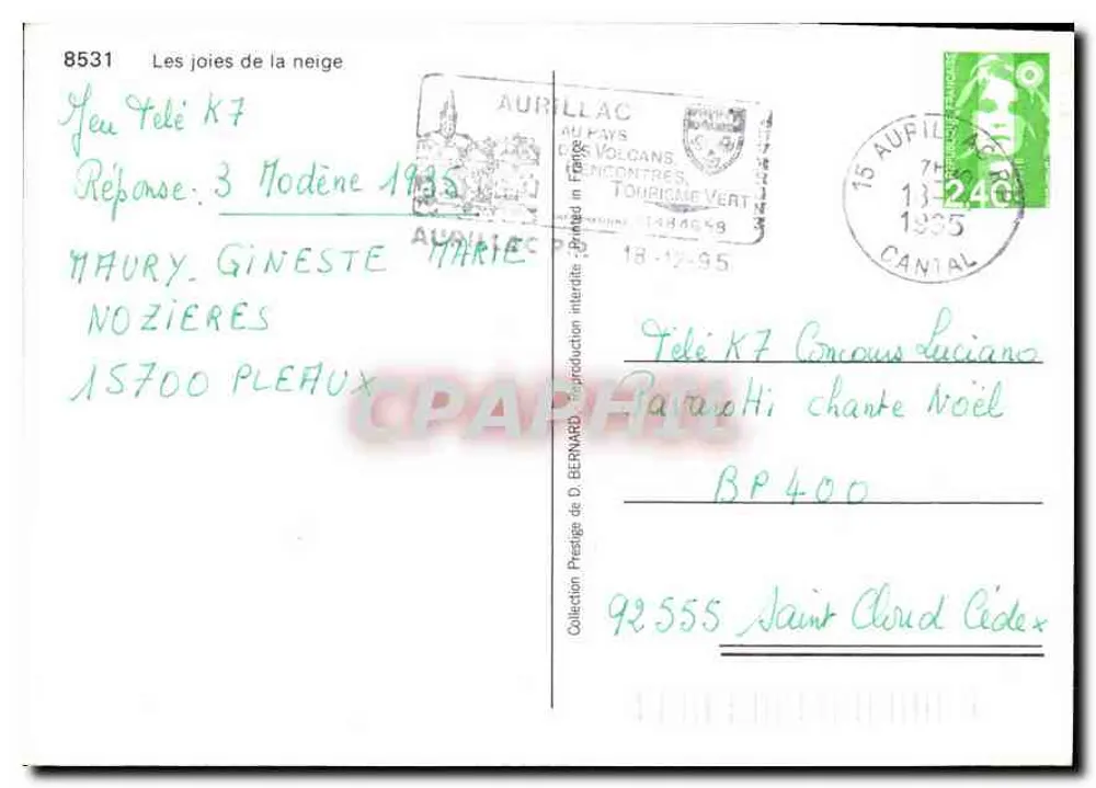 As alegrias da neve — Aurillac, Cantal — Editor: Les Joies de la Neige, n° 8531 - Verso