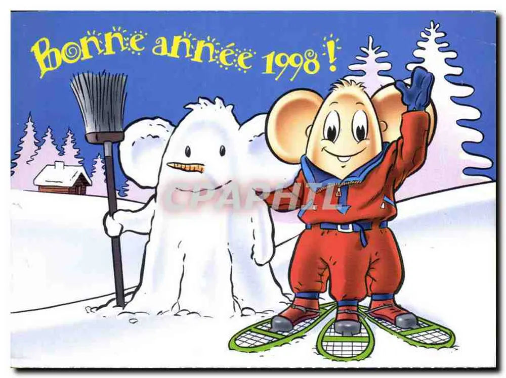 Rato e homem de neve — Boas Festas 1998 — Ilustração Artu Ranière, editada por La Foir'Fouille - Frente