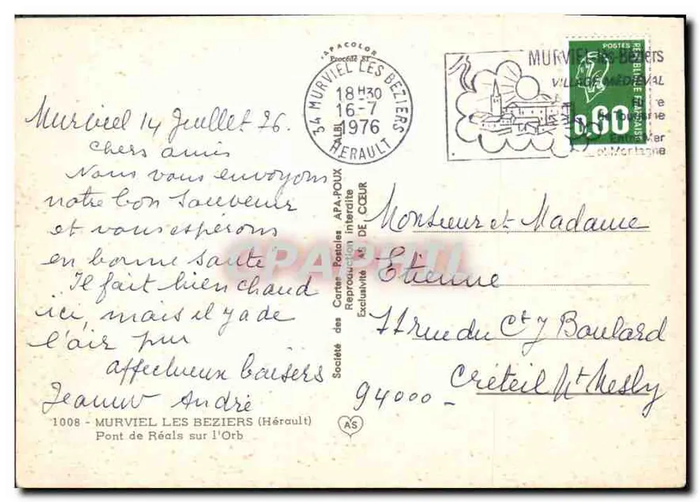 Murviel-lès-Béziers — Brücke von Réals über den Orb — Gesellschaft für Ansichtskarten APA-POUX - Rückseite