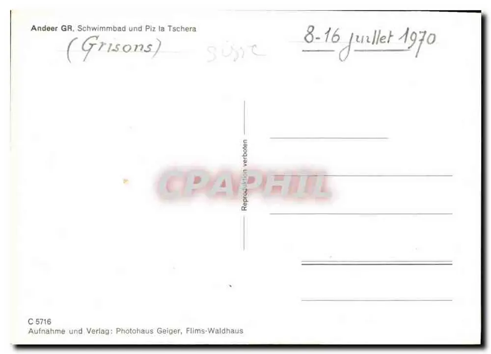 Andeer GR, Piscina e Piz la Tschera — Grisons — Photohaus Geiger, Flims-Waldhaus, C 5716 - Verso