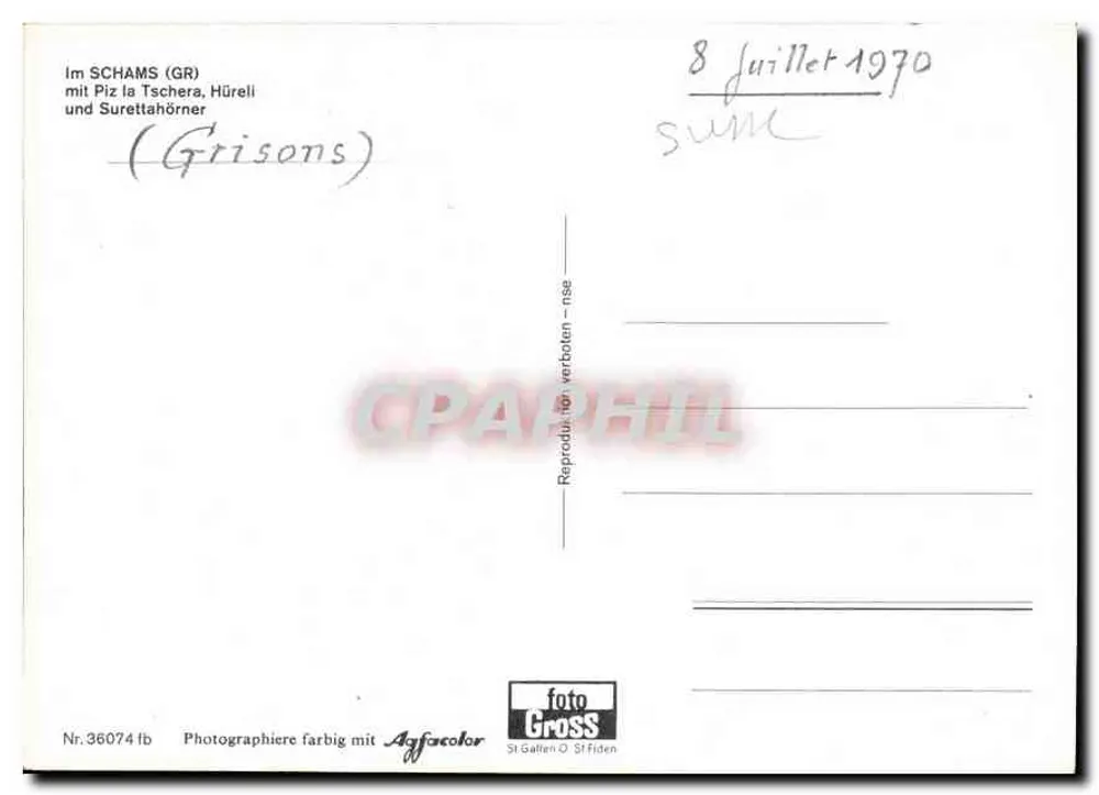 Ansicht von Schams (GR) — mit dem Piz la Tschera, dem Hürëll und dem Surettahörner — Verlag foto Gross, Nr. 36074 - Rückseite
