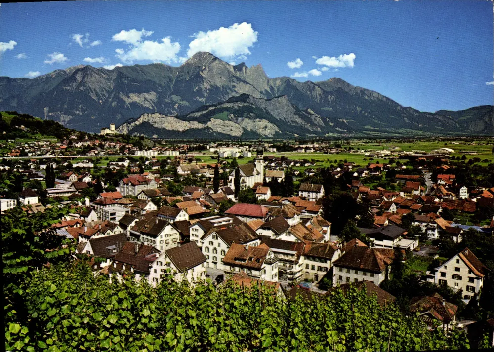 Mels SG e Sargans com Falknis — vista panorâmica — Fotolhaus Schinnermann/Tammensbodenslip, n° 2541 - Frente