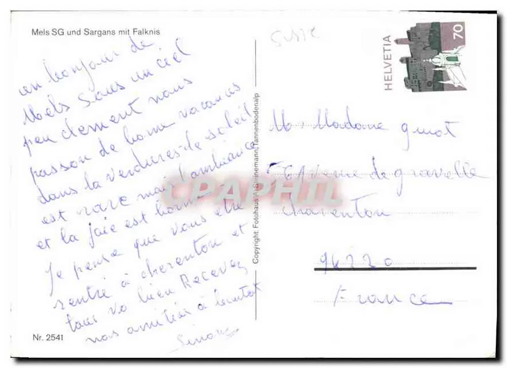 Mels SG e Sargans com Falknis — vista panorâmica — Fotolhaus Schinnermann/Tammensbodenslip, n° 2541 - Verso