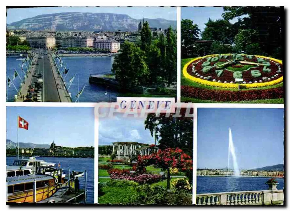 Geneva — vista panorâmica com o Jet d'Eau, o Jardim da Horloge e o lago — Lindacolor - Frente
