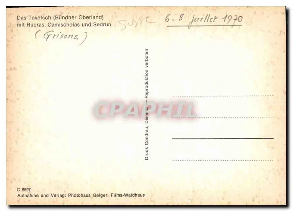 Ansicht des Tavetsch (Bündner Oberland) — mit Ruera, Camischolas und Sedrun — Photohaus Geiger, Films-Waldhaus, n° C 5597 - Rückseite