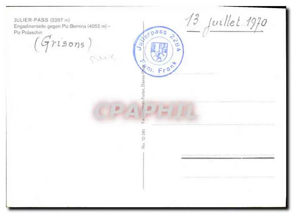 Ansicht des Julierpasses — Grisons — Verlag Fuerlen, Nr. 12-261 - Rückseite