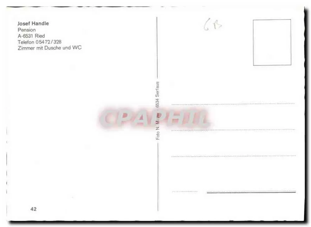 Pension Handle — Alpes austríacos — editor Serfaus, n° 6534 - Verso