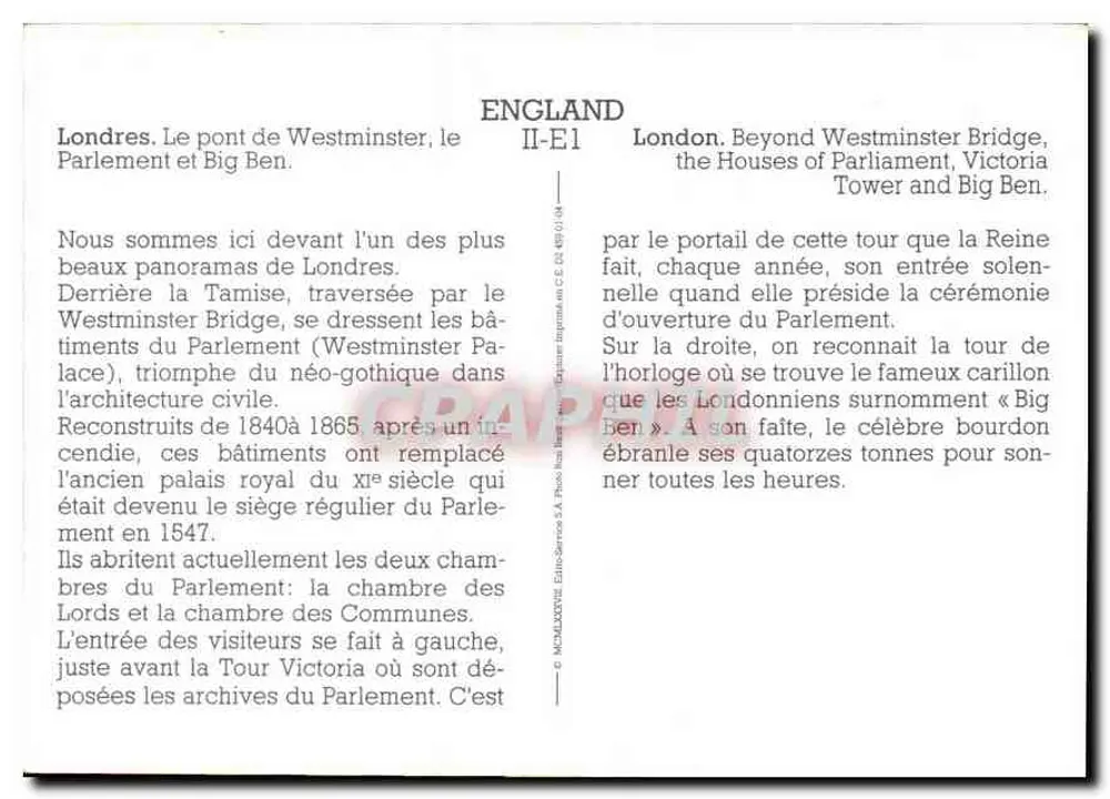 London. Westminster Bridge, das Parlament und Big Ben — England II-E1 — Verlag: Photo-Services S.A. - Rückseite