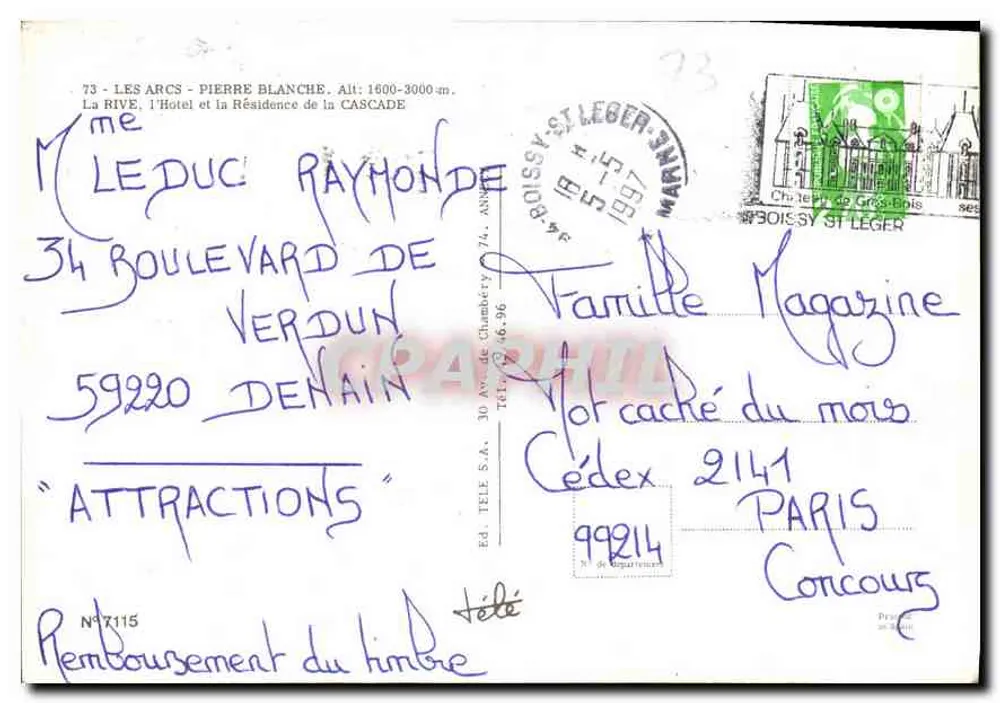 Les Arcs - Pierre Blanche — Die Küste, das Hotel und die Cascade-Residenz — Verlag TELE S.A. Nr. 7115 - Rückseite