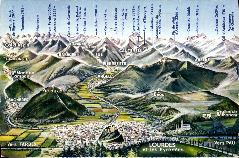 Lourdes e os Pirineus — vista panorâmica das montanhas — Ed. P. Doucet, Pl. Peyrou, Lourdes, n° 300 - Frente