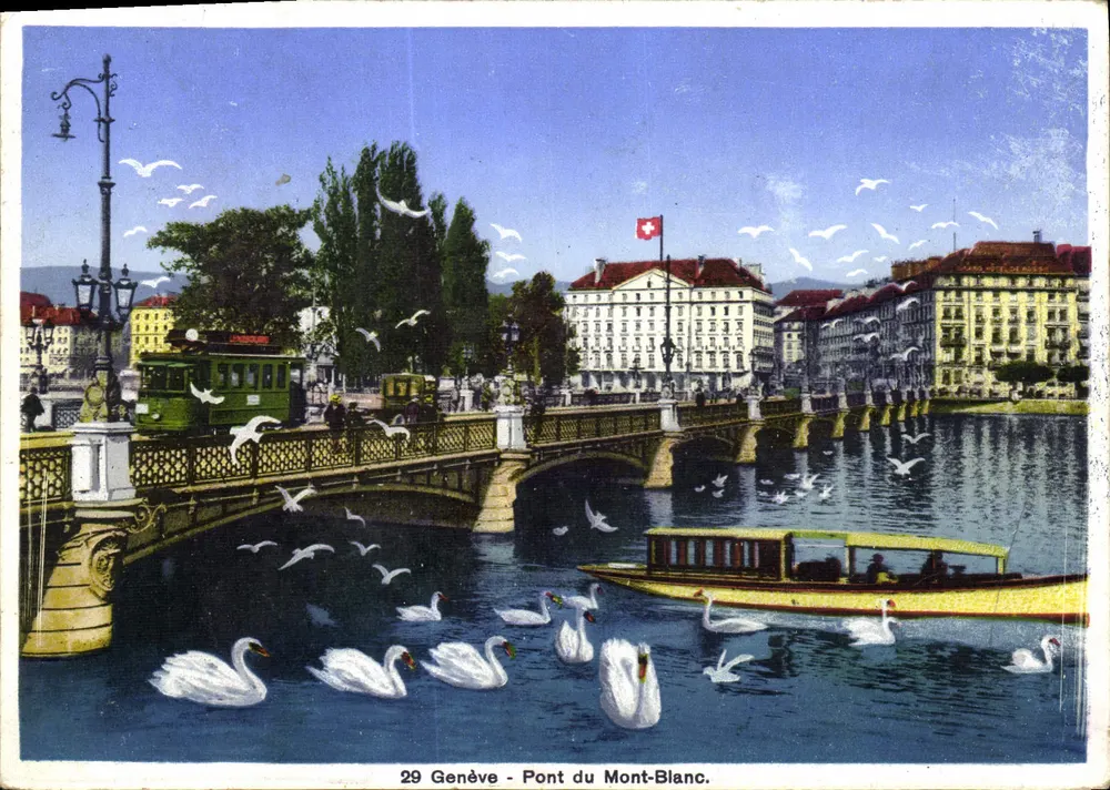 Genewa - Most Mont-Blanc — animowany widok z łabędziami i tramwajem — Wydawnictwo Jacquer, nr 29 - Awers