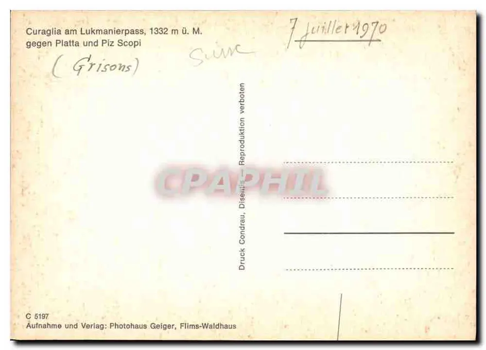 Curaglia am Lukmanierpass — 1332 m ü. M. — Grisons — Photohaus Geiger, Films-Waldhaus - Rückseite