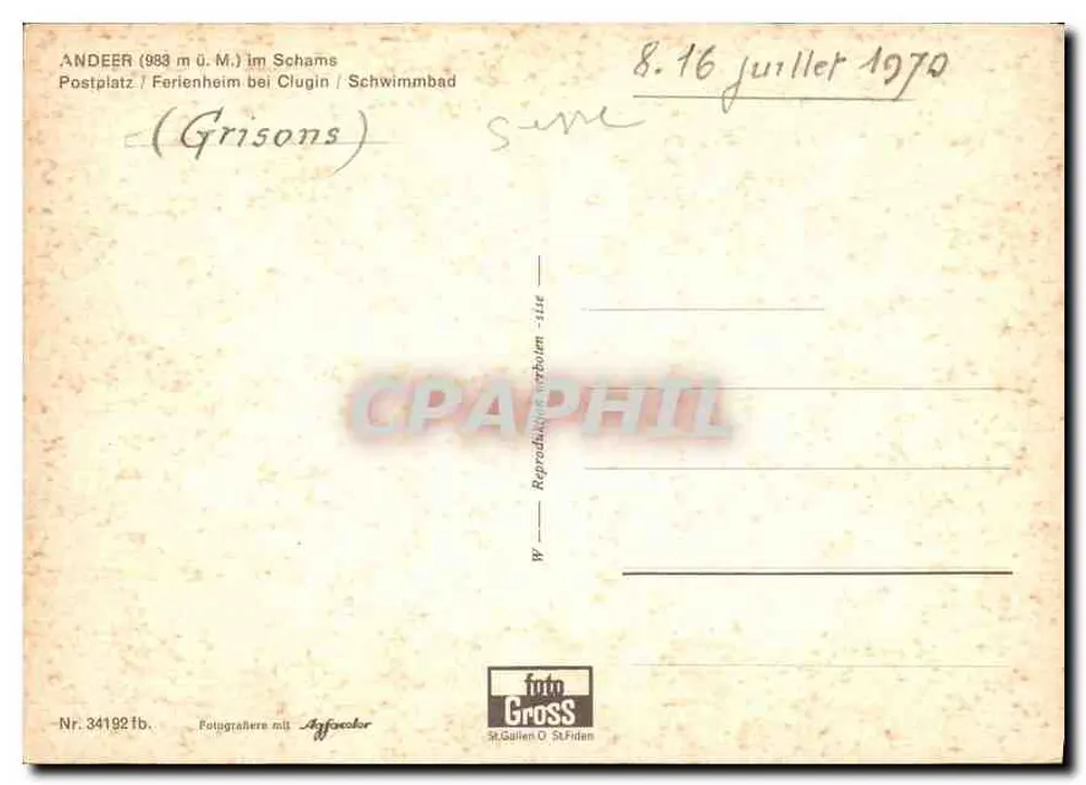 Andeer GR — Gruss aus ANDEER GR — Verlag St. Gallen O. St. Fiden, Nr. 34192 fb - Rückseite
