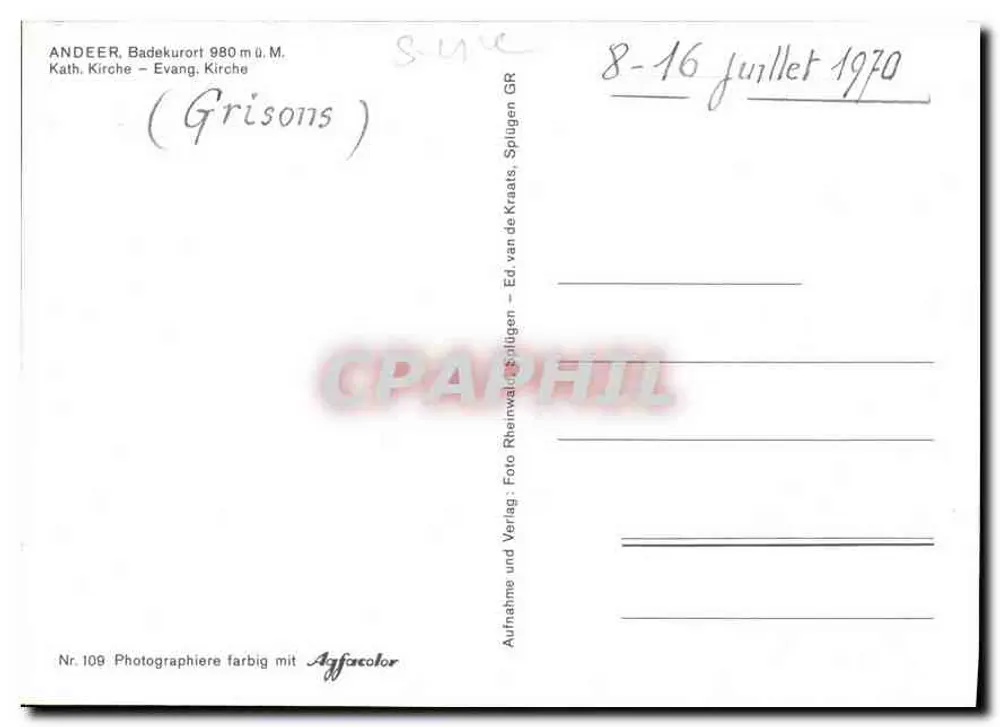 Andeer, Badekurort 980 m — editor Affiscolor, n° 109 - Verso