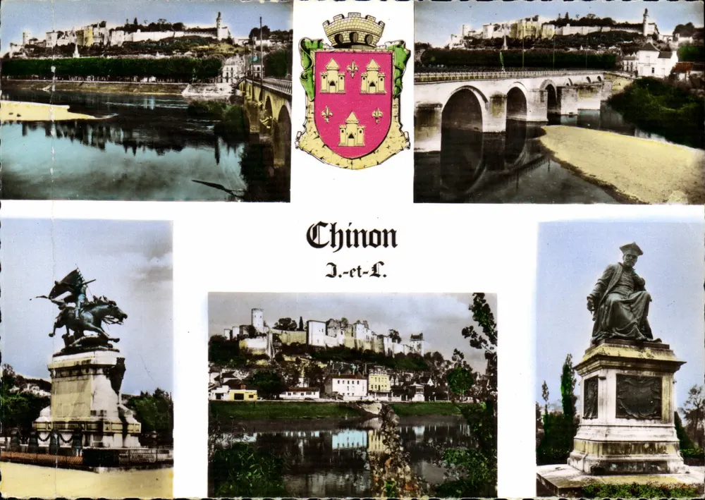 Chinon — widok miasta, zamku, mostu i statuji — Combiner Imp. Chinon (S.-et-L.) - Awers