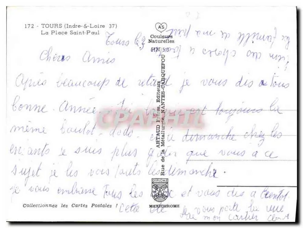 Tours - Place Saint-Paul — editor Artaud Frères, Nantes - Verso