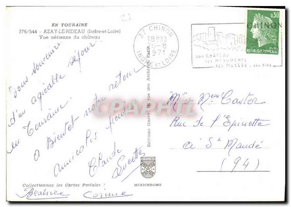 Azay-le-Rideau — Luftbild des Schlosses — Éditions Greff - Rückseite