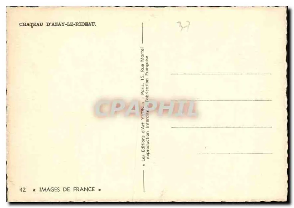 Castelo de Azay-le-Rideau — visão do castelo com canal — editor Yvon, n°42 - Verso