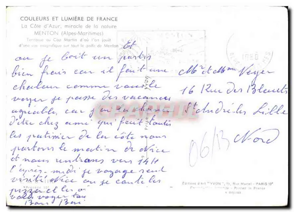 Terrasse no Cap Martin — vista do golfo de Menton — editor YVON, n°301 - Verso