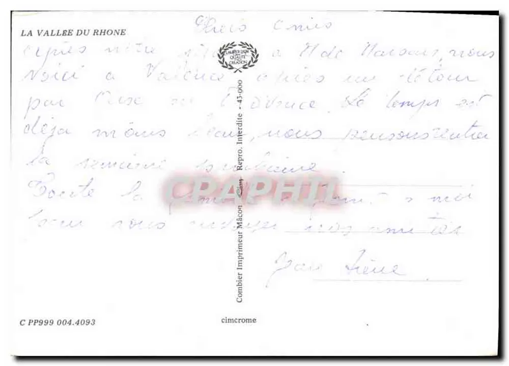 A vales do Ródano — Carta postal turística com mapa e fotos — Impressor Combier - Verso