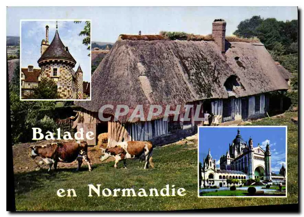 Spaziergang durch die Normandie — Illustrierte Ansichtskarte mit drei Vignetten (Schloss, Strohfarm, Kirche) — Verlag SCIENTEX, n°1029 - Vorderseite