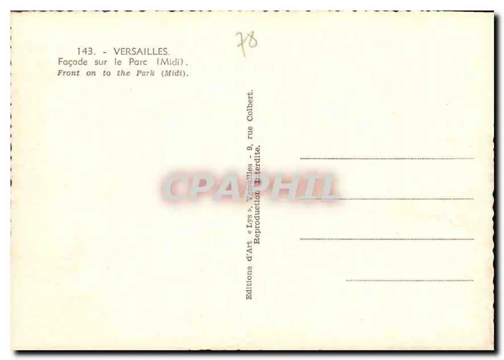 Versailles — Fachada voltada para o parque (Midi) — Edições de Arte 'LYS' n°143 - Verso