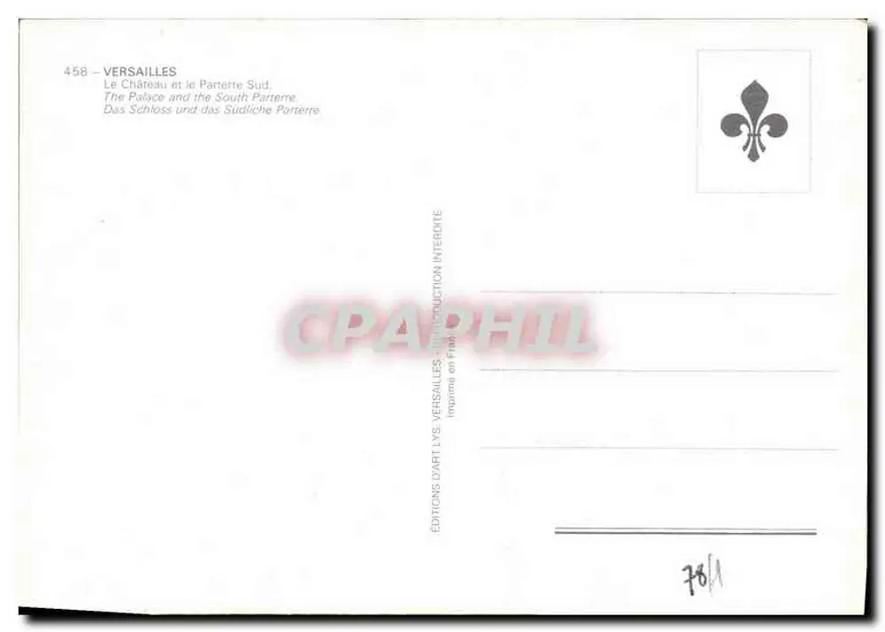 Versalhes — O Castelo e o Parterre Sul — Éditions d'Art Lys Versailles, n°458 - Verso