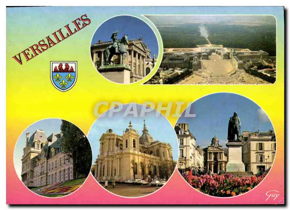 Versalhes — vista aérea, estátua equestre de Luís XIV, hotel-de-Ville, igreja São Luís, praça Hoche — Edições LECONTE - Frente