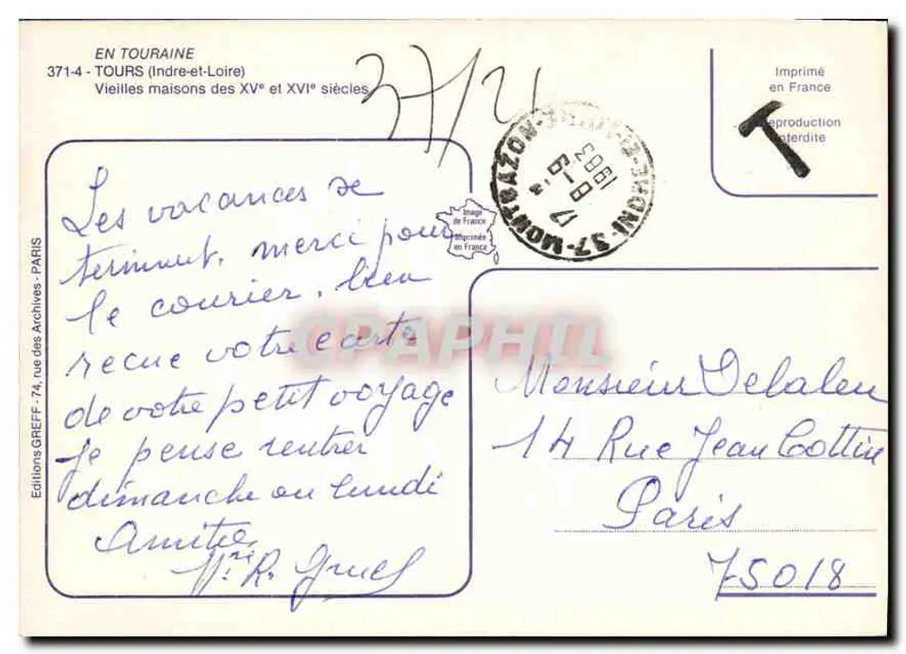 Tours — Velhas casas dos séculos XV e XVI — Edições GREFF, 371-4 - Verso