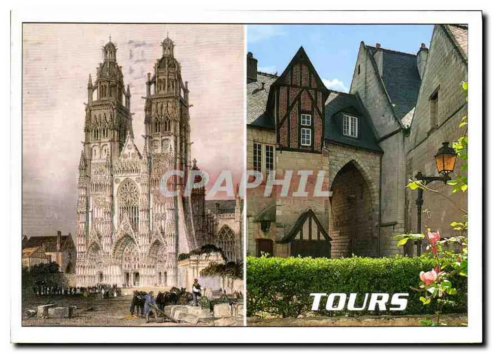 Catedral de Tours — Vista histórica e rua típica — Editor Artaud, n° 2114 - Frente