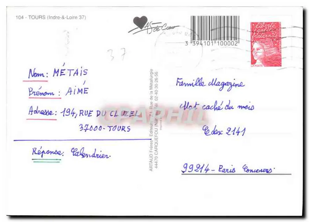 Catedral de Tours — Vista histórica e rua típica — Editor Artaud, n° 2114 - Verso