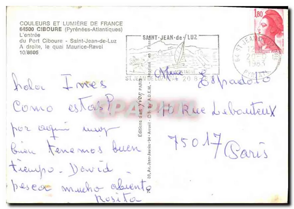 Porto de Ciboure - Saint-Jean-de-Luz — entrada do porto, cais Maurice-Ravel — Éditions d'Art Yvon, Paris - Verso