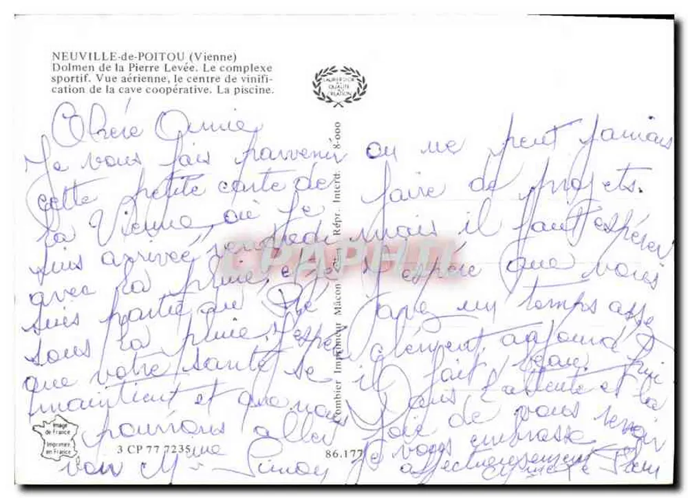 Neuville-de-Poitou — Dolmen der Aufgerichteten Steine, Sportkomplex, Schwimmbad — Imprimerie Macon - Rückseite