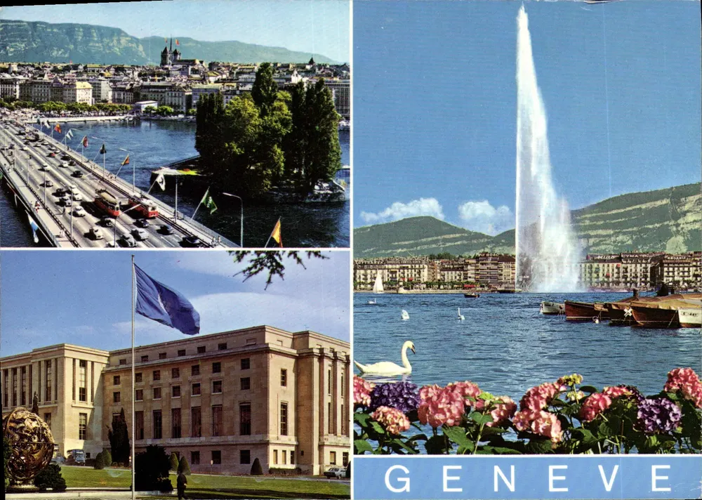 Genève — widok panoramiczny z Jet d'Eau, mostem i budynkiem administracyjnym — Wydawnictwo Héliocolor, nr GE 4104 - Awers