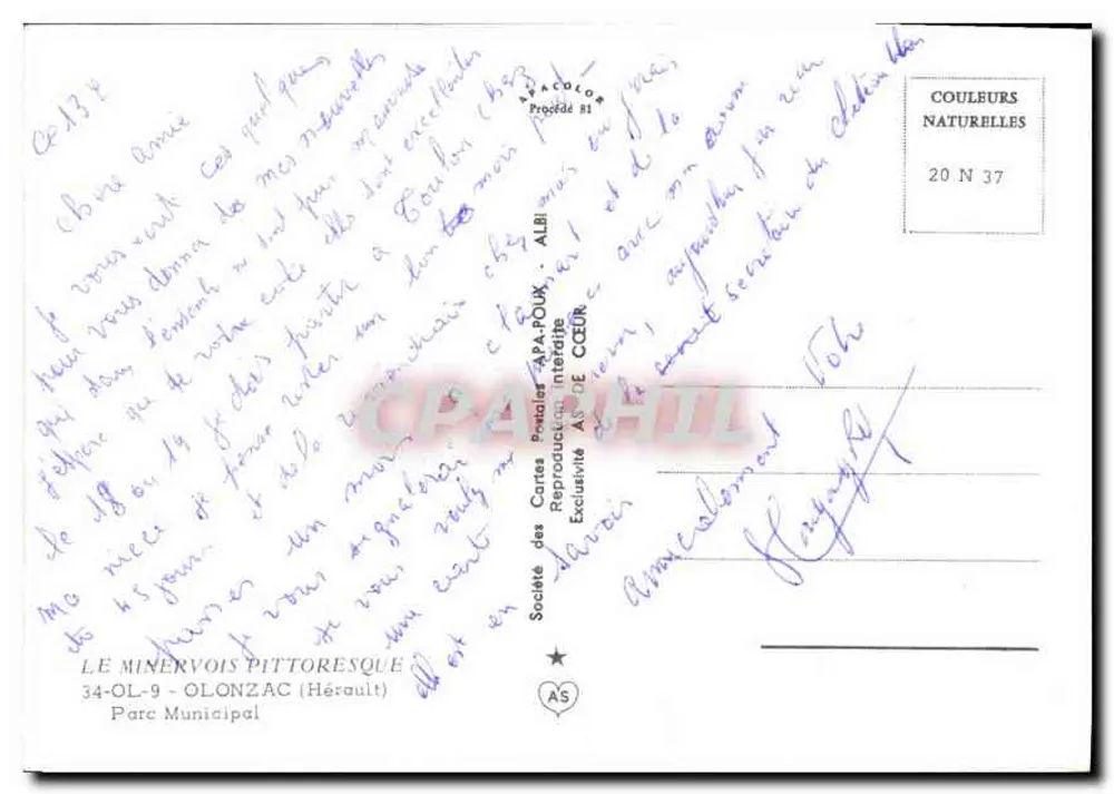 O Minervois pitoresco — Parque Municipal — Sociedade das Cartas Postais de Albi, N° 20 N 37 - Verso