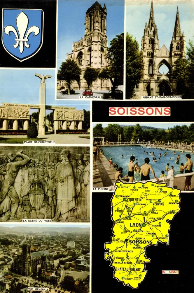 Soissons — vista geral, monumentos e carta — Impressor Mâcon - Frente