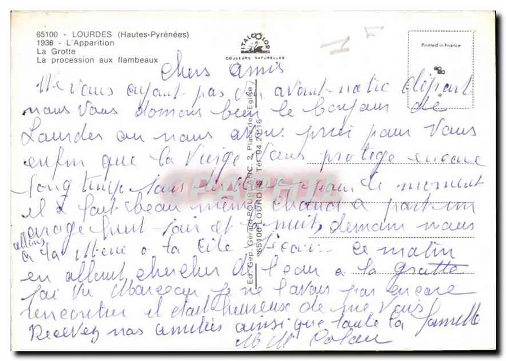 Lourdes — Aparecção da Virgem — Editor Couleurs Naturelles - Verso